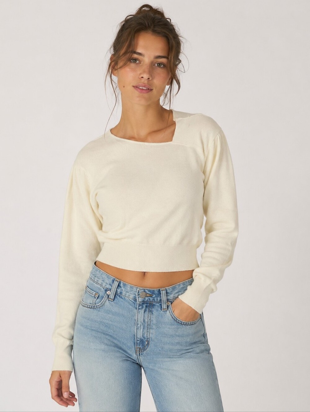 Altar’d State Women’s Size S Cream Asymmetrical Neck Cropped Sweater